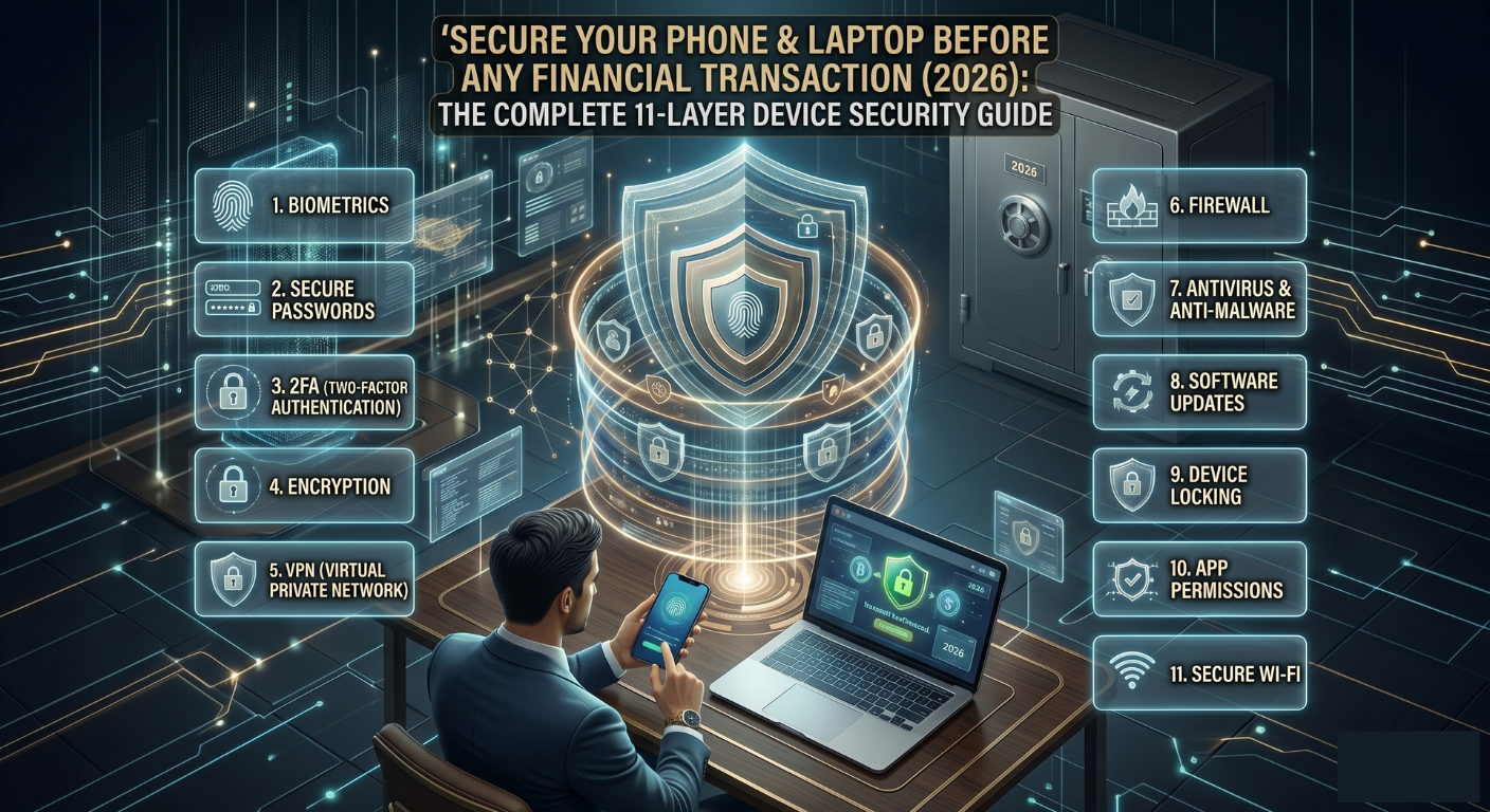 Secure Your Phone & Laptop Before Any Financial Transaction (2026): The Complete 11-Layer Device Security Guide